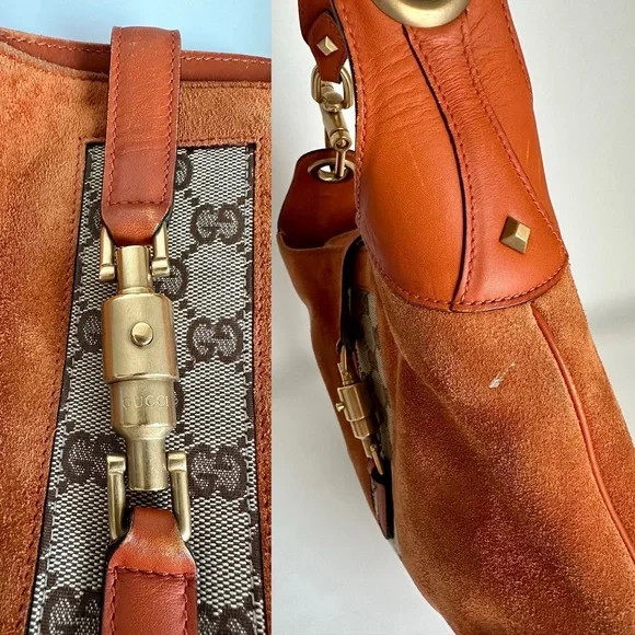 ✨GUCCI Suede Priston Lock Small Jackie O Hobo Shoulder Bag Burnt Orange - Picture 12 of 15